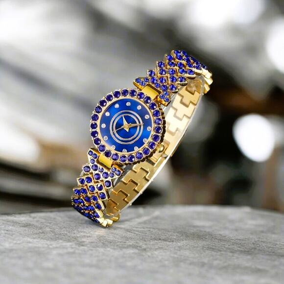 Watch Women Quartz Blue & Gold Round Face with Rhinestones - Picture 1 of 5